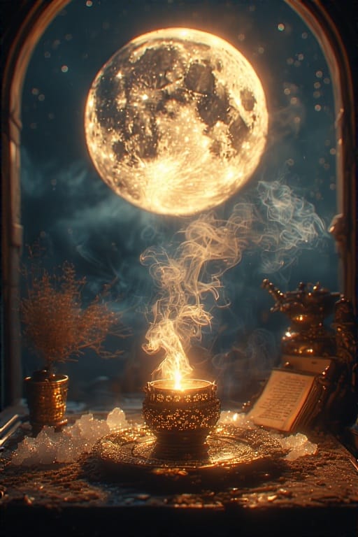 Frankincense resin burning on a sacred altar under the Full Moon, symbolizing divine connection and manifestation.