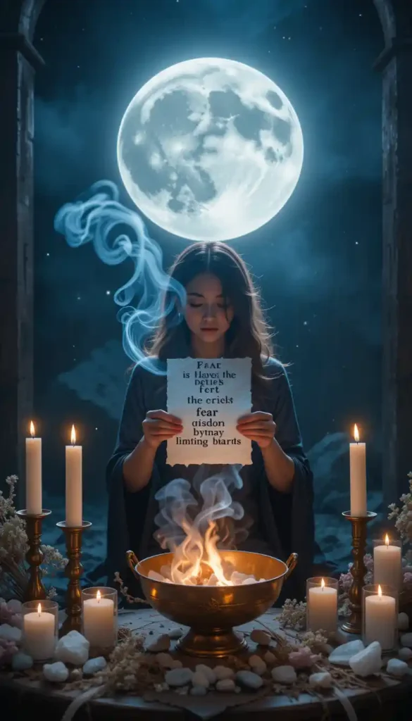 A woman burning a paper of limiting beliefs in a brass bowl under a glowing Full Moon with candles and moonstones.