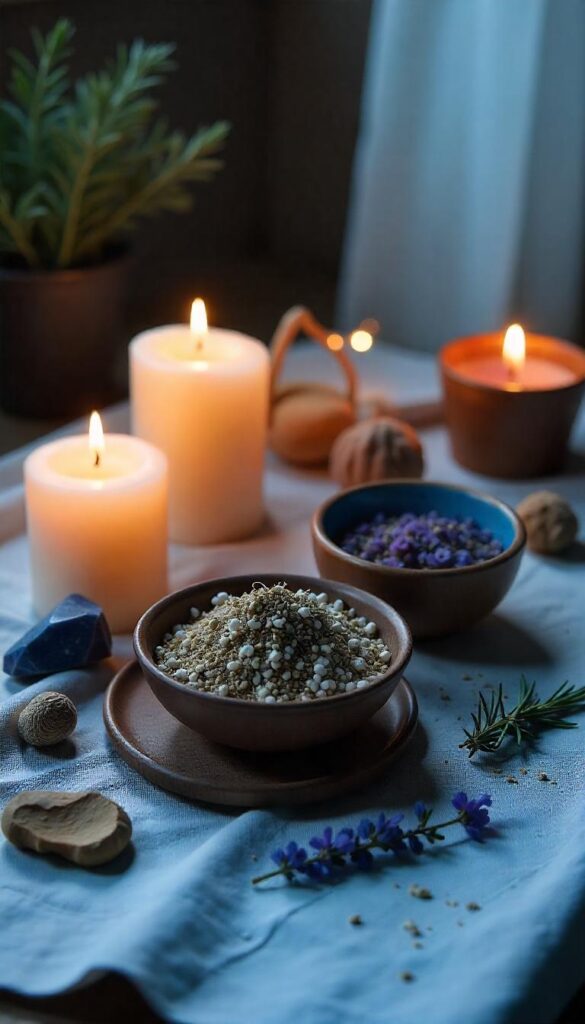 A moon altar with dried lavender, rosemary, mugwort, and chamomile in bowls and sachets, radiating calm lunar energy.