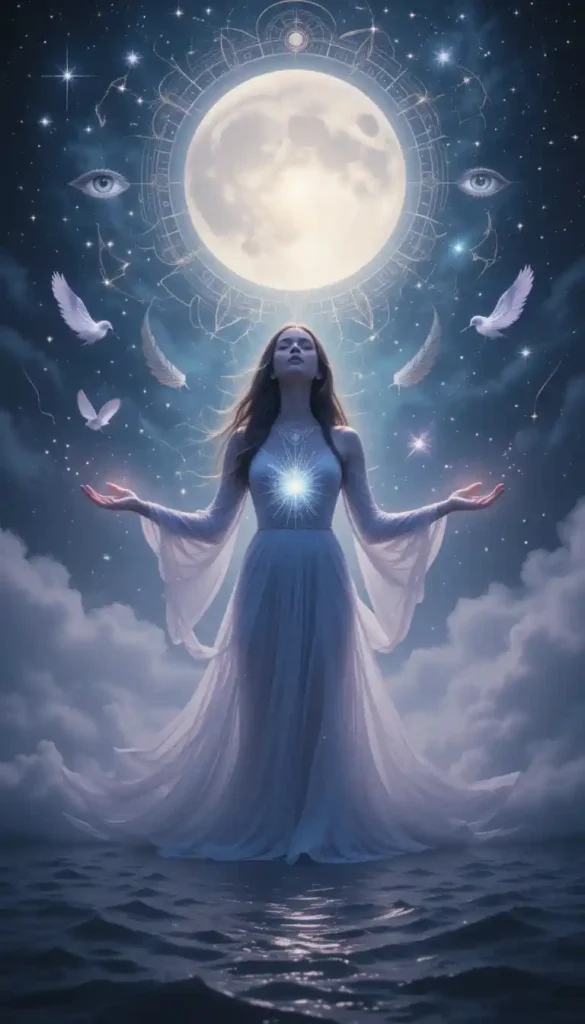 Spiritual woman with glowing third eye under a radiant full moon, surrounded by dream symbols and celestial mist, symbolizing intuitive awakening.