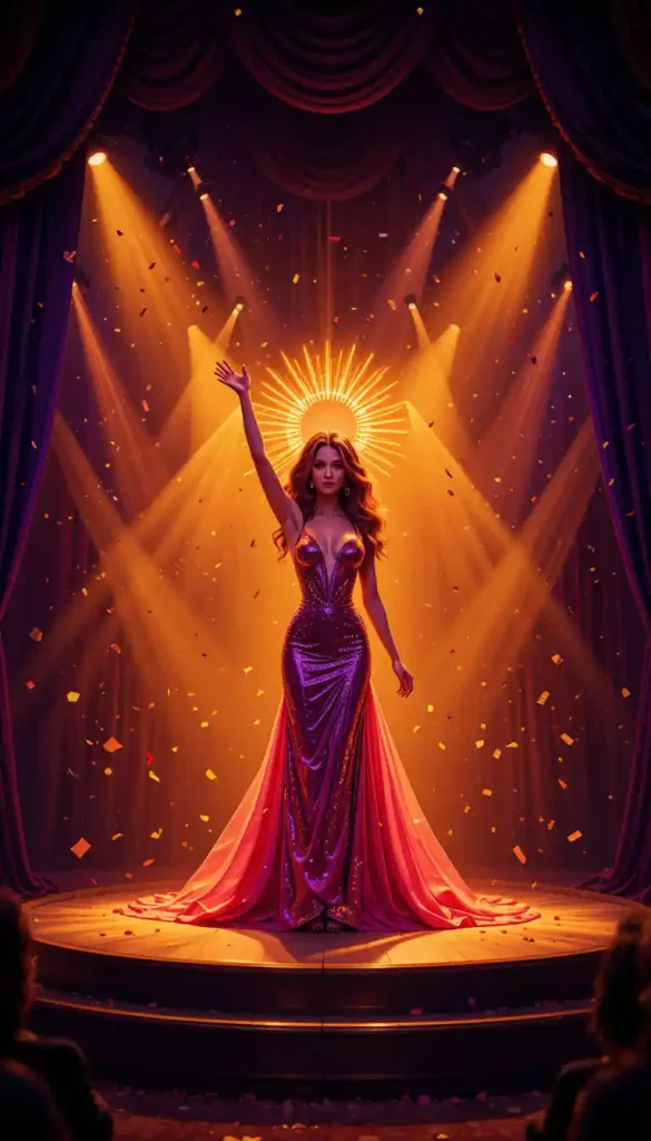 Confident figure on a gilded stage with a lion’s mane halo, spotlights, sunburst rays, and confetti celebrating self-expression.