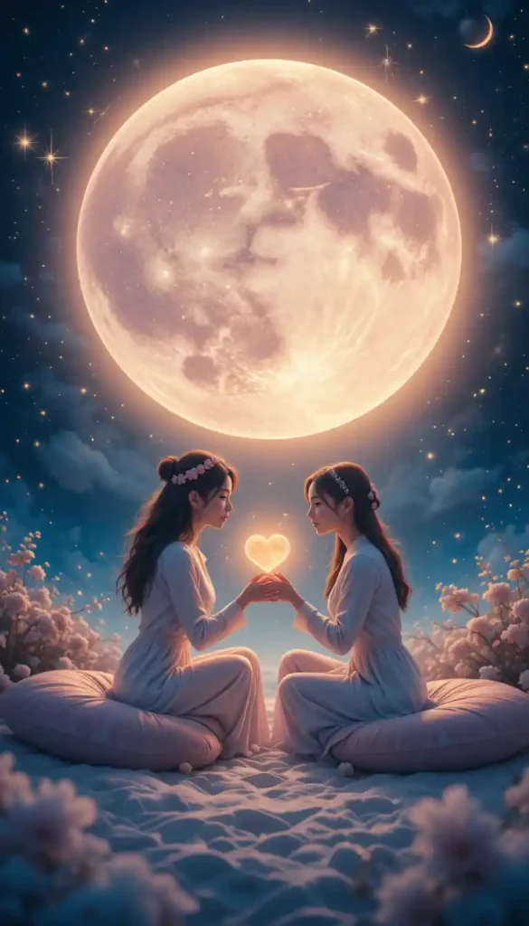 Two women sharing an intimate conversation under a glowing moon, hands clasped and hearts open.