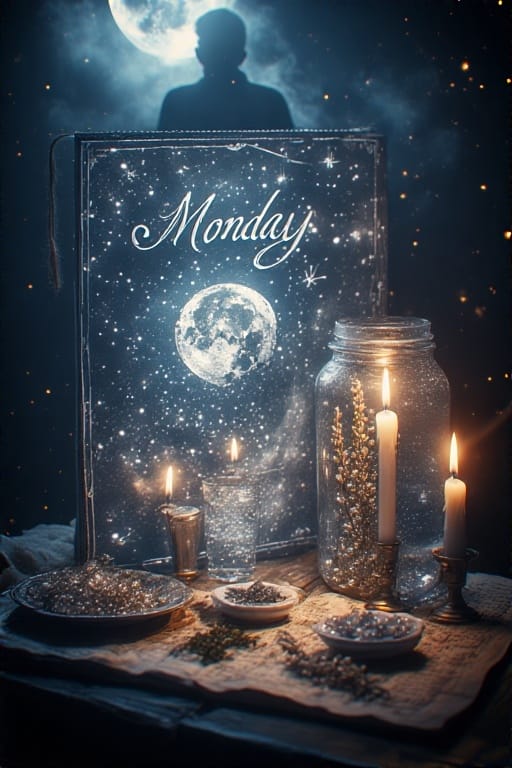 A stylized calendar open to Monday with a moon icon, moon water jar, silver candles, and ritual tools under a soft lunar glow.
