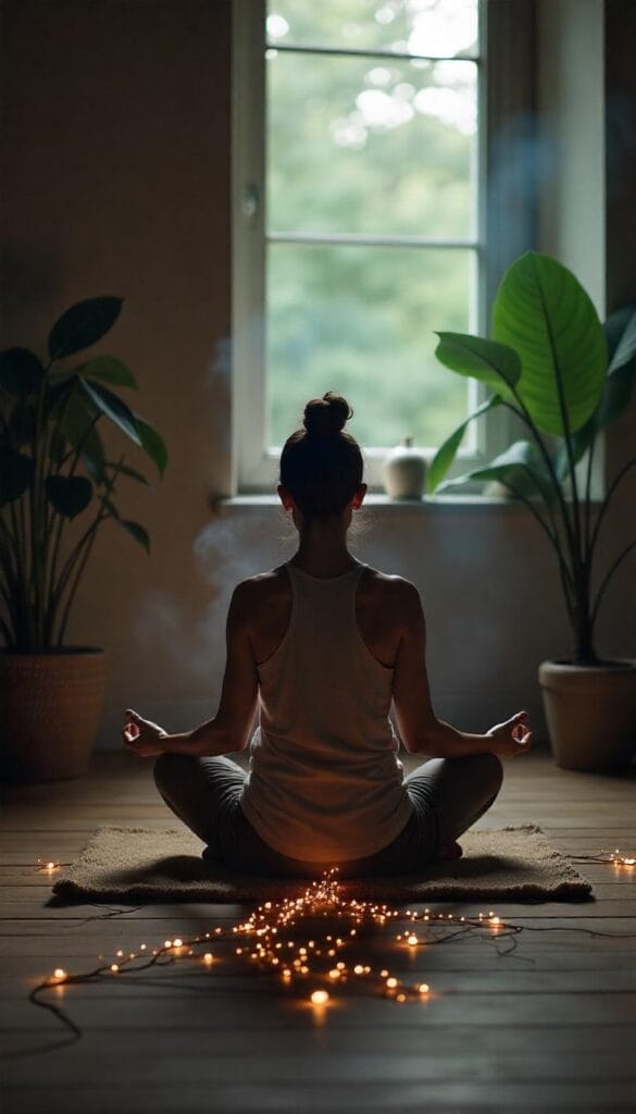 Person meditating with glowing roots grounding into the earth, bathed in peaceful moonlight.