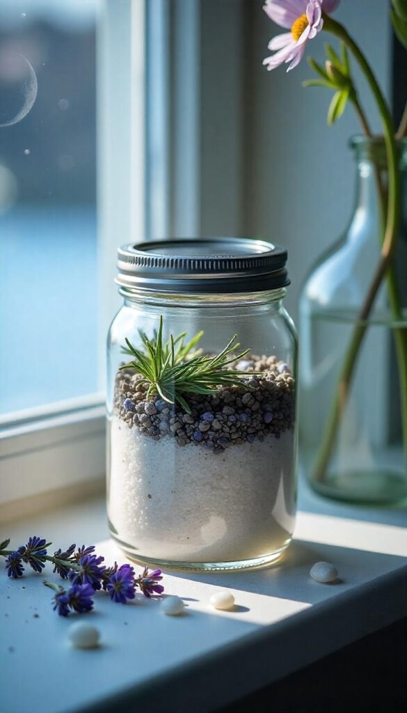Glass jar of sea salt, lavender, and rosemary glowing under moonlight.