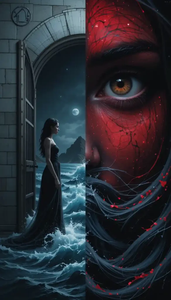 Symbolic image illustrating contrasting emotional conflict styles based on moon signs. One side depicts a figure in a private, contained setting with muted colors, representing a Capricorn Moon's tendency to retreat and process internally. The other side shows an intense scene with a figure diving into dark, turbulent waters or penetrating eyes, symbolizing a Scorpio Moon's deep dive into conflict. A subtle moon connects the two halves, highlighting astrological influence on emotional tension management.