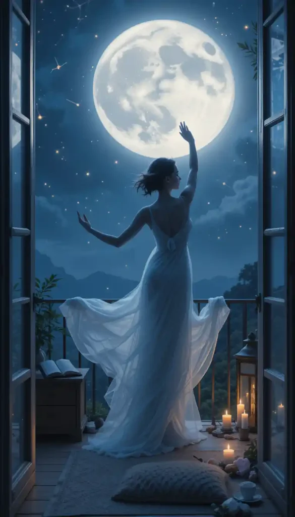 Woman practicing yoga under full moon with cozy bedroom scene below, representing Moon sign-aligned night routines for soul connection