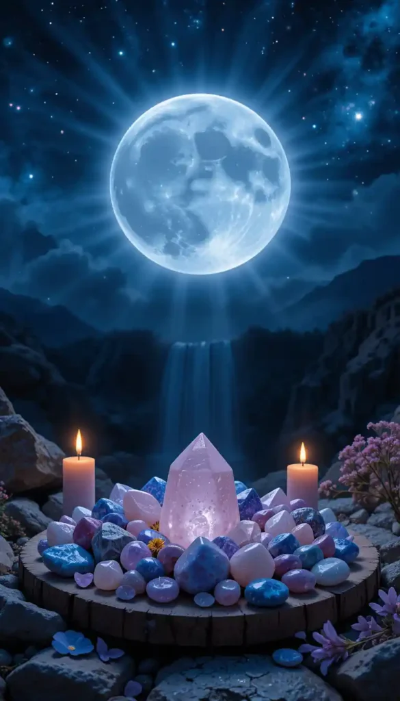 Variety of crystals on a wooden plate under full moonlight with candles and lunar flowers.