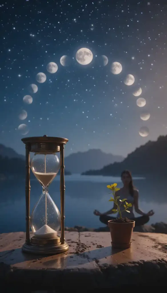 An hourglass and budding plant on a table beneath a sky showing the moon’s phases, with a meditating practitioner in soft lunar glow.