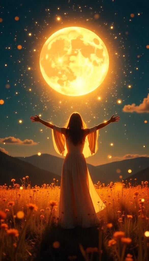 A glowing Full Moon shines over a joyful figure celebrating abundance in a moonlit field.