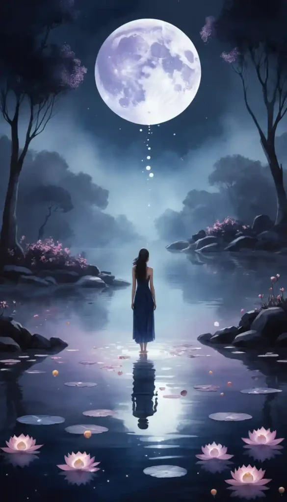 Figure in moonlit water releasing energy with Scorpio symbol, mist, and rebirth motifs.