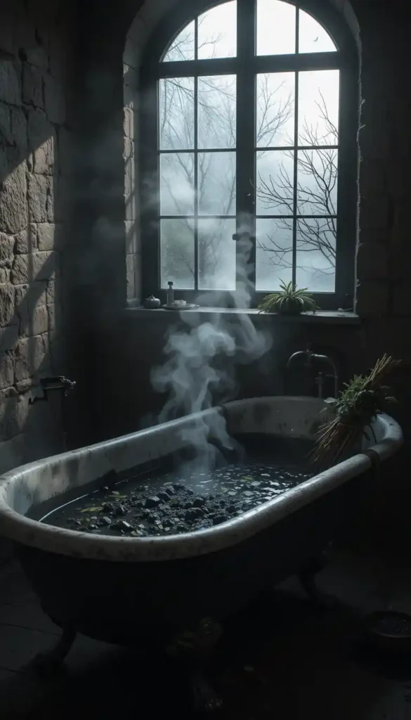 A moonlit bath with black lava salt, mugwort leaves, and sage steam under a waning crescent moon.