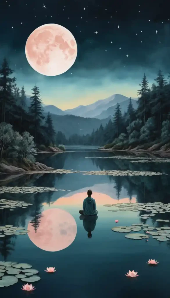Figure gazing into a moonlit lake reflecting symbols like a heart and an eye, symbolizing emotional clarity and self-awareness.