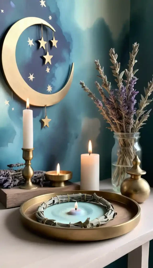 Bundle of white sage, palo santo, and lavender emitting cleansing smoke on a wooden altar with a candle and crescent moon mural.