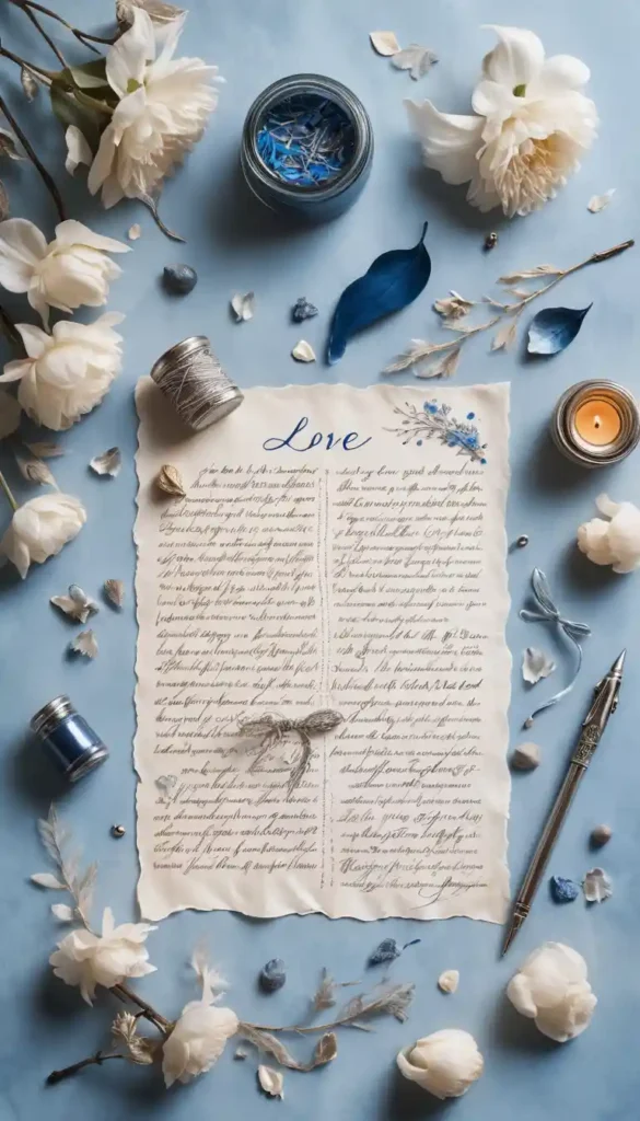 Parchment with silver ink and quill tied with petals under crescent moonlight for a manifestation ritual.