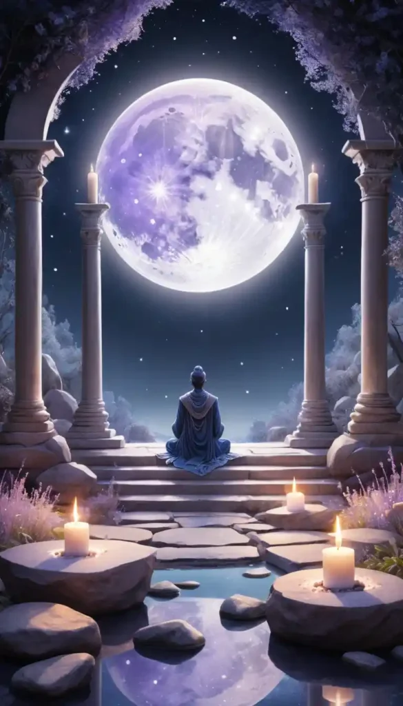 Mystical figure moving from a moonlit altar ritual to stepping onto a glowing path of opportunity under a starry sky.