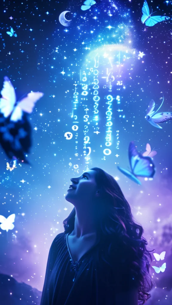 Person gazing at a starry sky filled with magical signs like feathers, numbers, and symbols under a glowing moon.