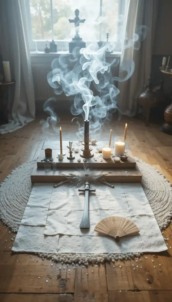 A wooden altar cleansed with sage smoke, surrounded by a salt circle and neatly arranged ritual tools in soft morning light.