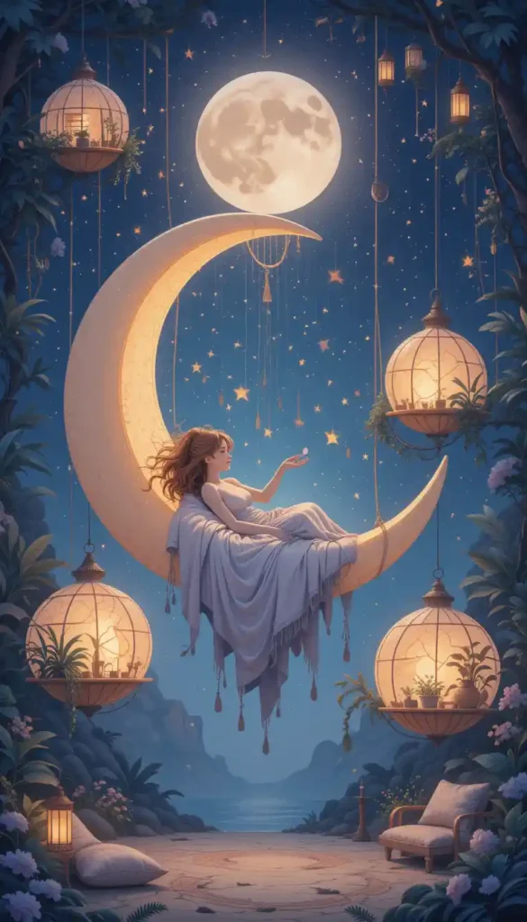 Person resting in crescent moon hammock between glowing home, work and social spaces representing emotionally nurturing environments