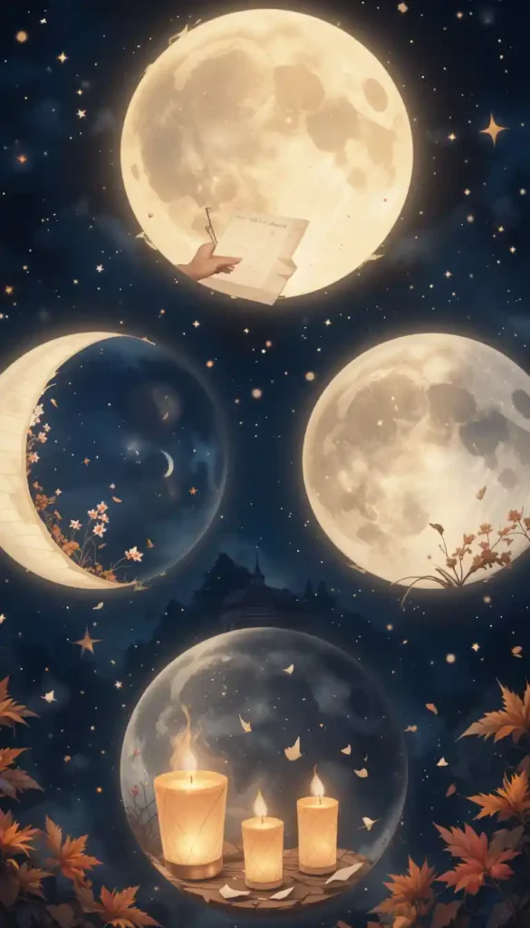 Circular montage of New, Waxing, Full, and Waning Moon with corresponding ritual symbols like writing, budding flowers, candles, and falling leaves.