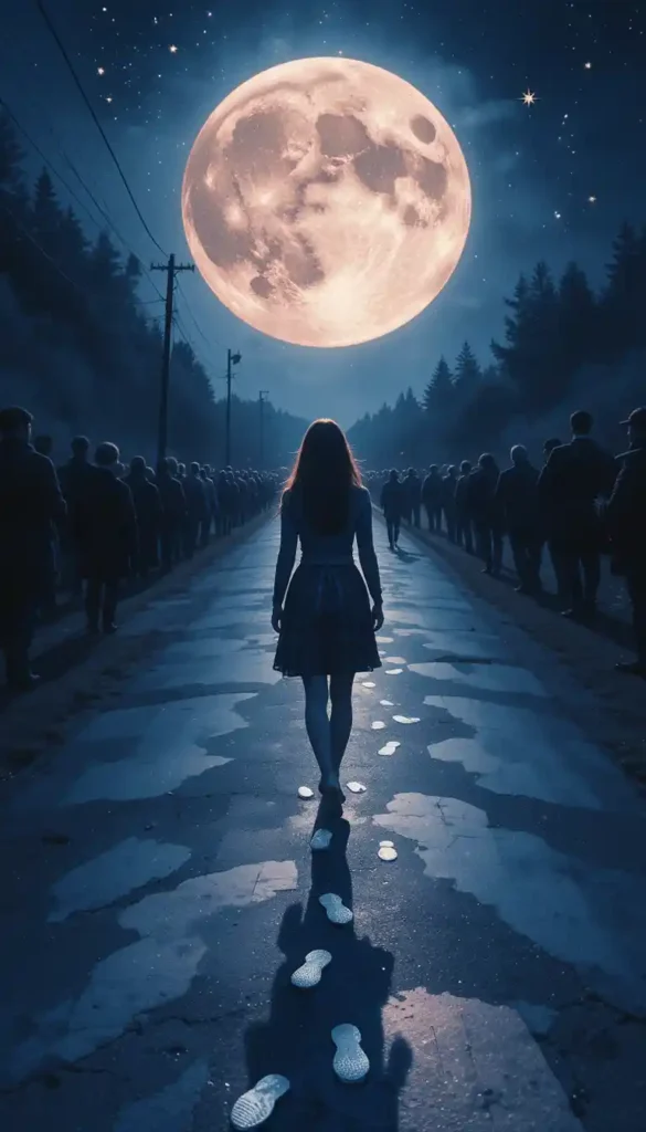 Woman walking a glowing path under the moon, choosing her own way away from a crowd.