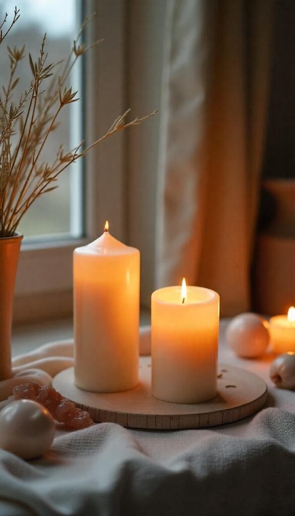 A moon altar with glowing white and silver candles for New and Full Moon rituals, surrounded by mystical lunar elements.