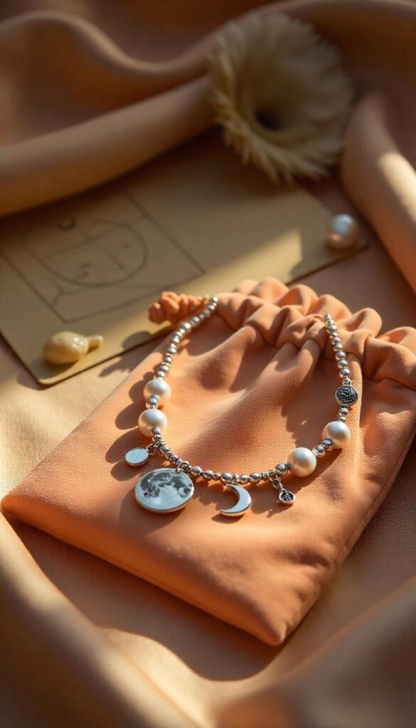 Pearl and silver moon phase bracelet glowing softly on velvet pouch.