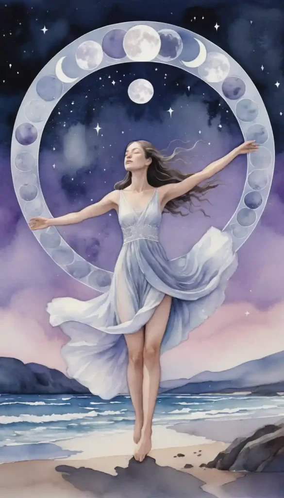 Figure beneath moon phases in flowing motion, radiating celestial energy and alignment.