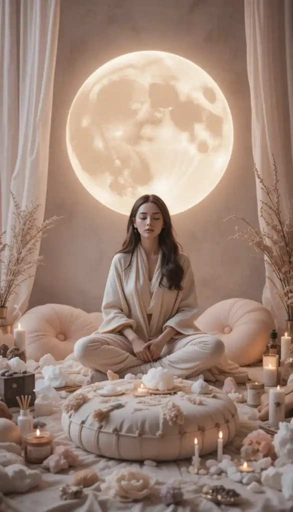 Spiritual woman in moonlit space with a personalized self-care altar, symbolizing emotional nourishment guided by moon sign.