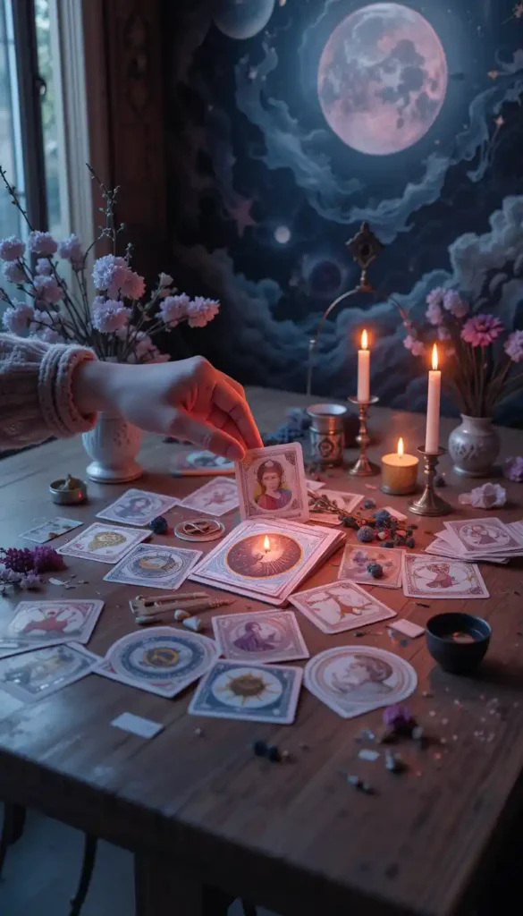 Hand drawing a High Priestess tarot card on a wooden table at dawn with crystals and lunar symbols.