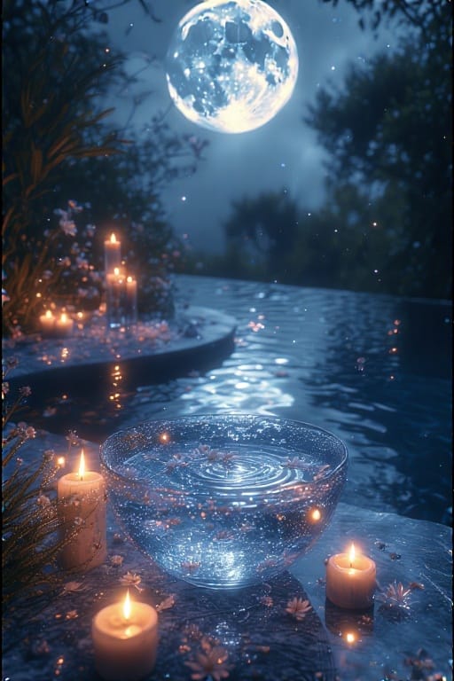 A clear glass bowl filled with water reflecting a full moon, surrounded by candles and flowers.