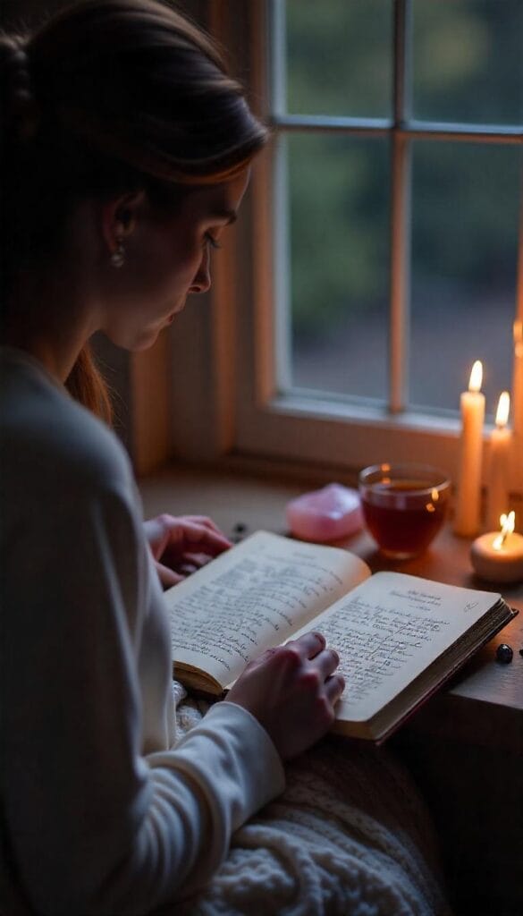 Person journaling heartfelt intentions by candlelight under the gentle glow of the full moon.