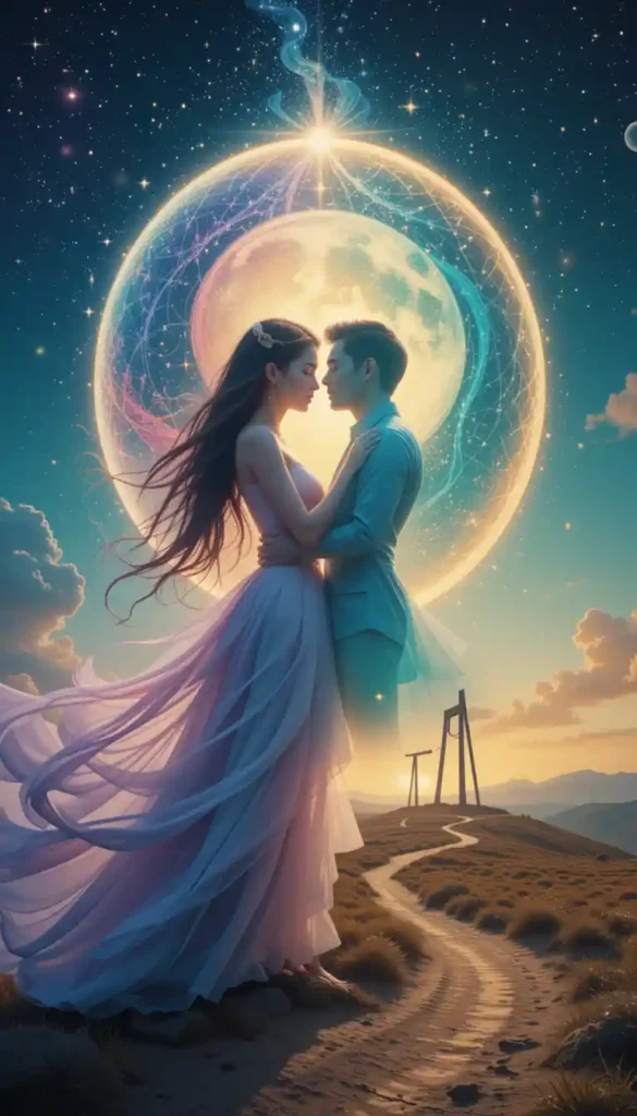 Dreamy and dynamic image illustrating contrasting heart's desires in love based on moon signs. One side depicts an ethereal scene with luminous figures and soft colors, symbolizing a Pisces Moon's craving for spiritual and romantic soulmate connection. The other side shows an expansive landscape with elements of exploration and growth, using vibrant colors, representing a Sagittarius Moon's desire for freedom and adventure. A subtle moon connects the two distinct scenes.
