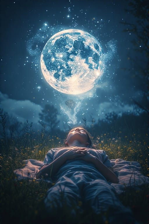 A child lying on a blanket in a grassy area, looking up at a large illuminated moon in the night sky.