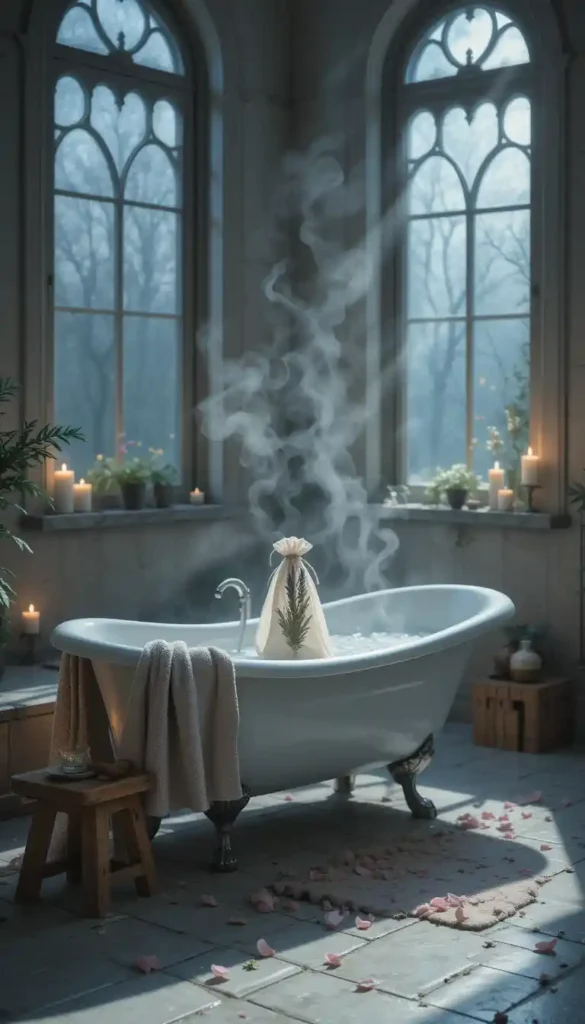 Clawfoot tub with herbal sachet steaming in moonlit bathroom, surrounded by candles and herbs.