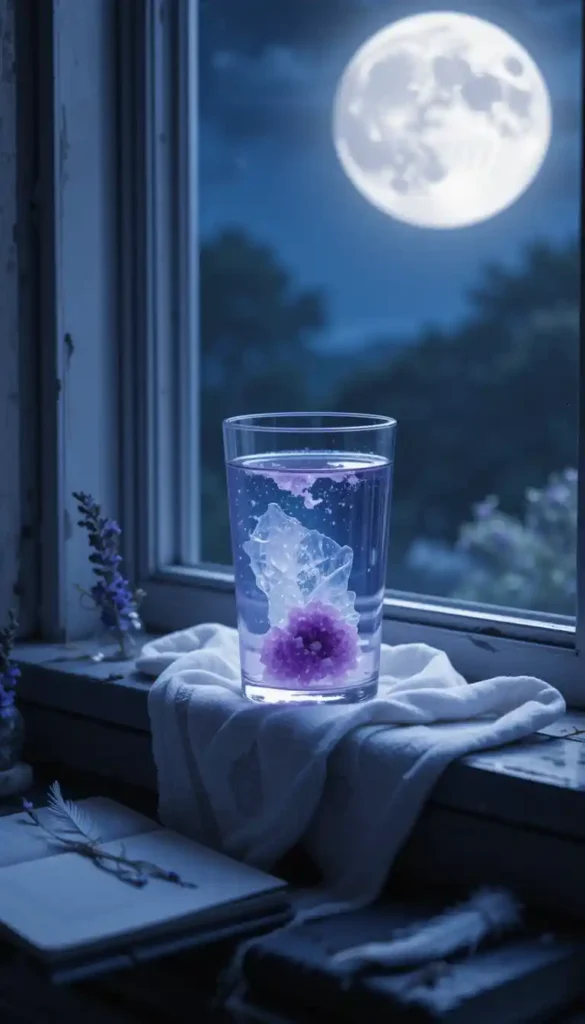 A glass of water with amethyst covered by a white cloth, absorbing moonlight in a ritual to enhance intuition.