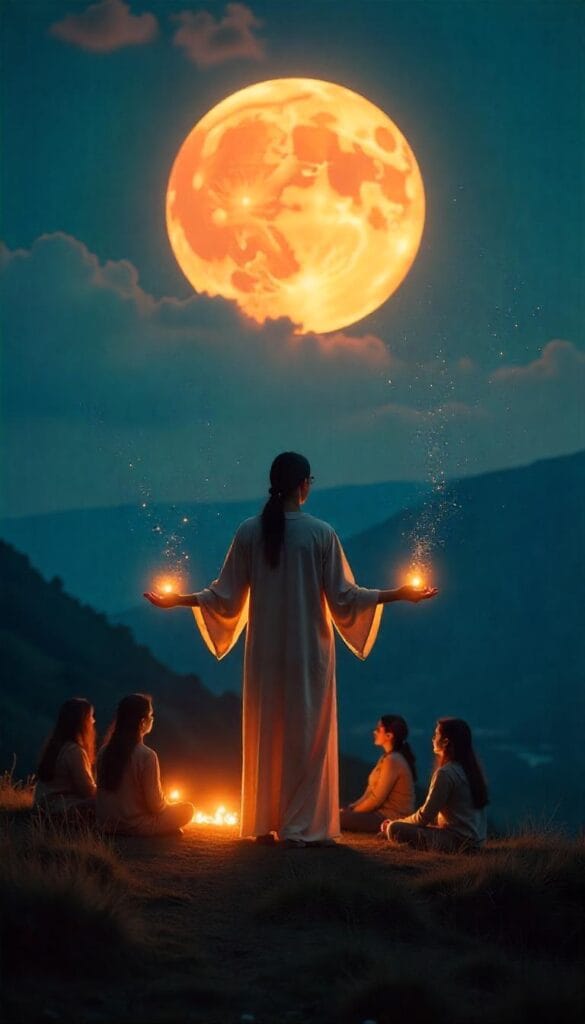 A figure under the Disseminating Moon radiates gentle light to others, symbolizing shared wisdom and connection.