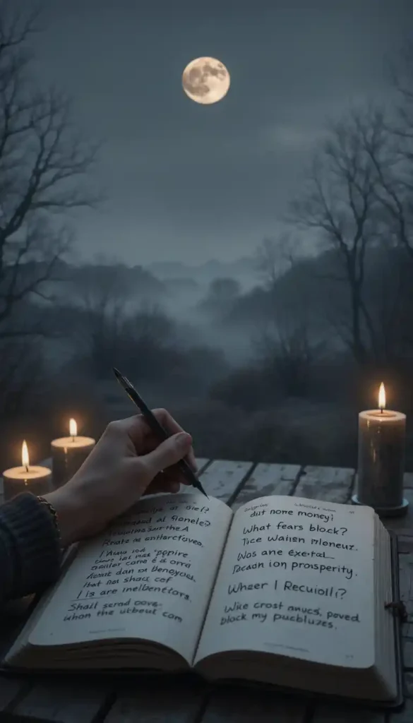 A hand journaling shadow work questions under a Waning Gibbous moon with candles casting soft shadows.