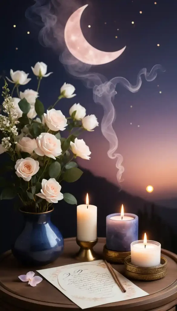 Jasmine incense smoke rising toward crescent moon with gratitude letter burning in a moonlit ritual.