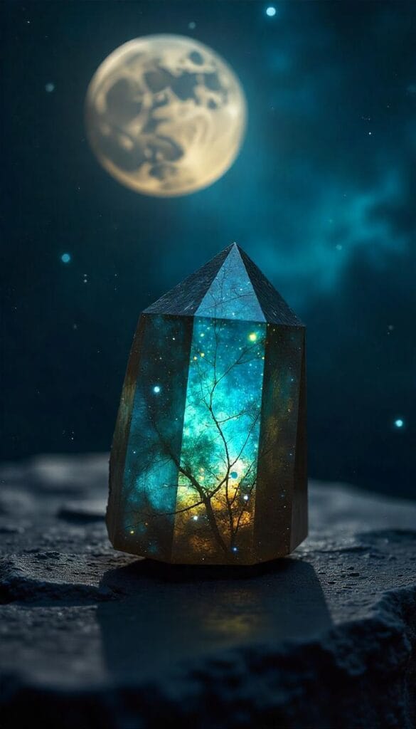 Labradorite crystal under a waxing moon with glowing iridescent colors and a mystical cosmic background.