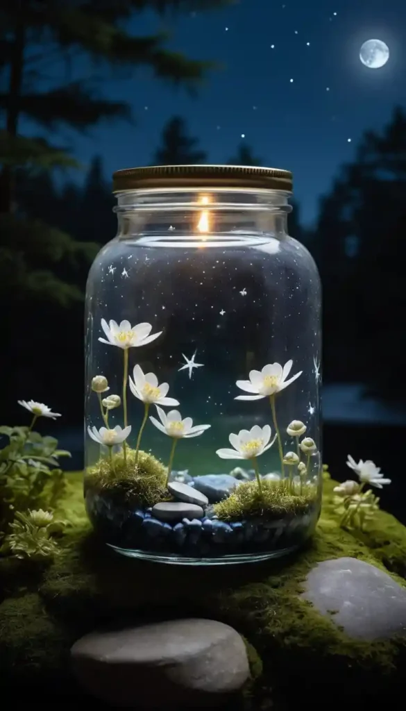 Glass jar of water glowing under a full moon with crystals and white flowers around.