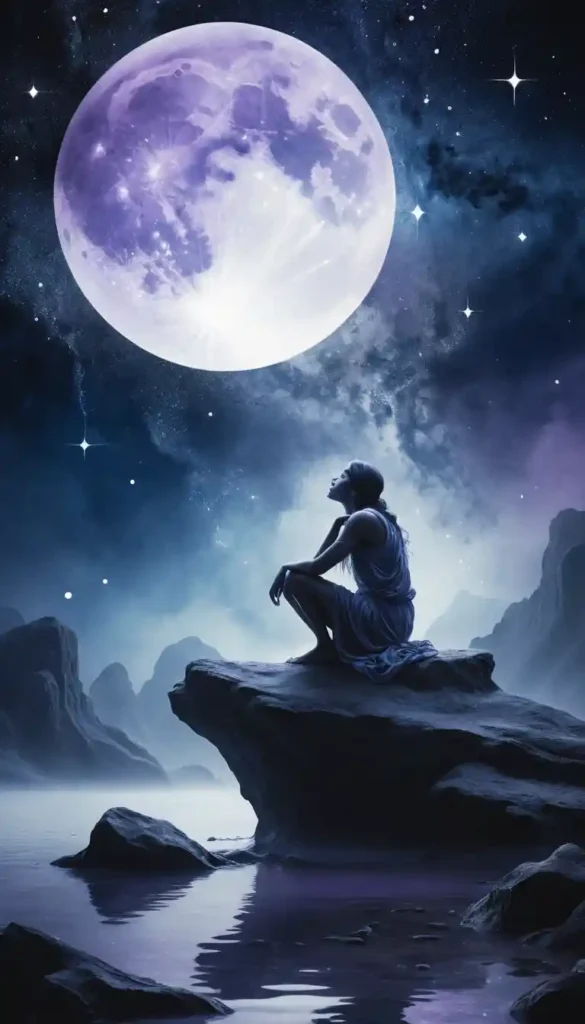 Split scene: figure overwhelmed by doubt under a waning moon versus the same figure at peace under a radiant full moon.