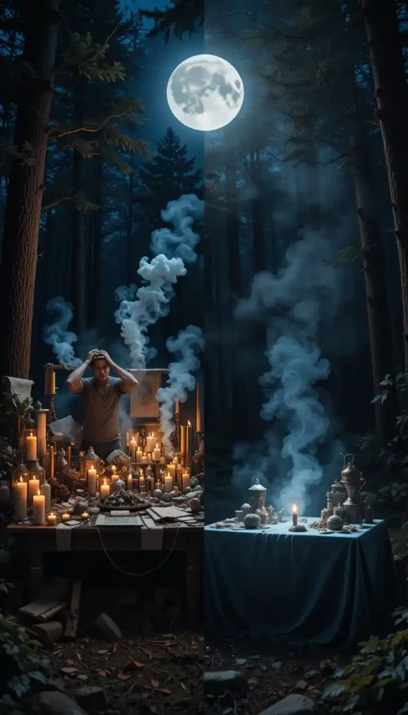 A cluttered, overwhelming ritual altar contrasted with a simple, minimalist one under moonlight, as a practitioner looks confused.