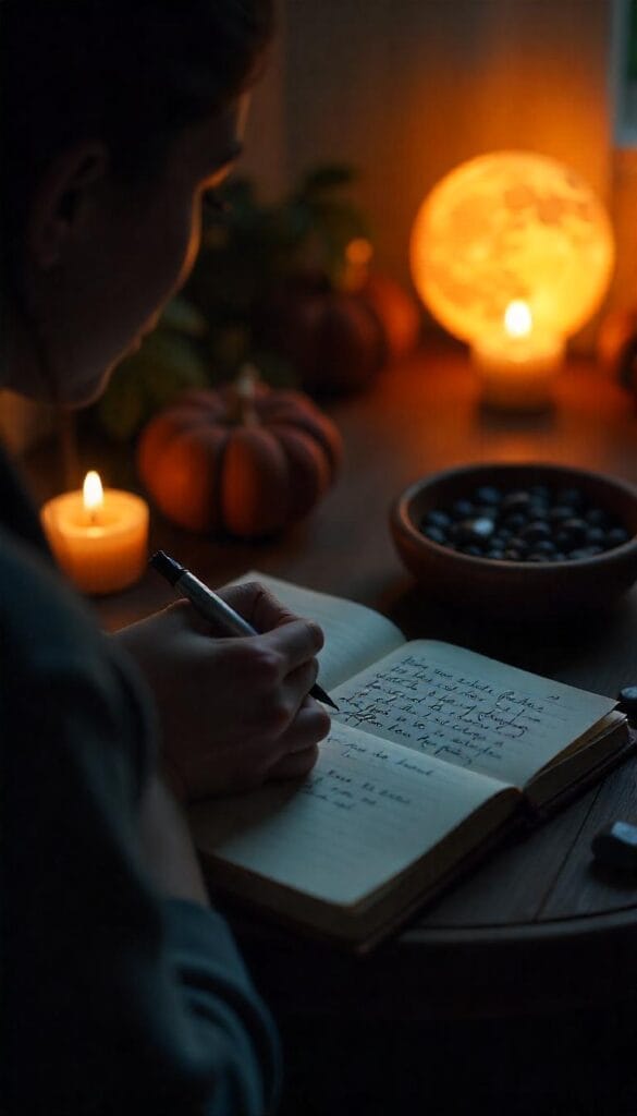 Person writing fears and doubts on paper in a dimly lit space under the full moon.
