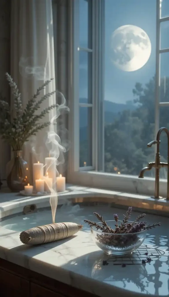 Smoldering sage, lavender and rosemary by a moonlit bathtub with candles under a Last Quarter Moon.