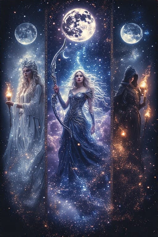 Triptych of Selene, Artemis, and Hecate under mystical lunar light with celestial symbols.