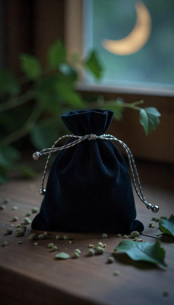 Black velvet pouch with dried herbs under waning moonlight for protection.