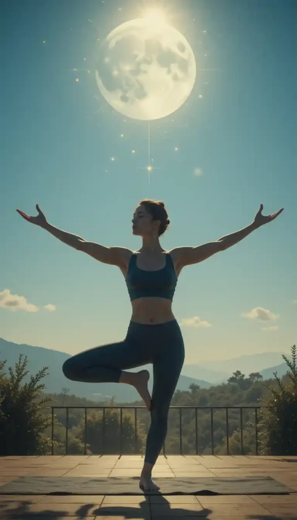 Person practicing moon sign yoga under moonlight with astrological symbols and soft natural background.