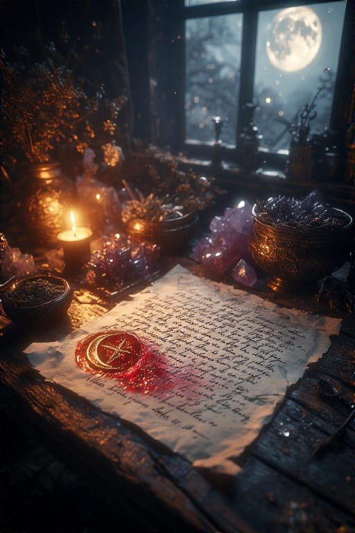 Handwritten letter to the universe being sealed with wax under moonlight, surrounded by crystals, candle, and magical tools.