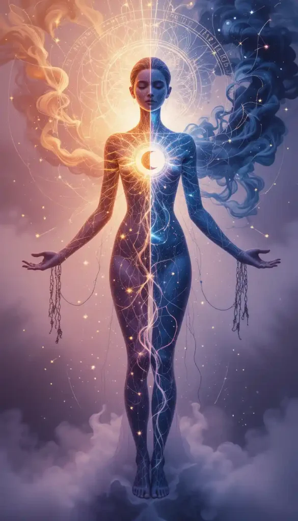 Woman's body transforming into cosmos with glowing moon at heart, showing expansive vs constricted energy flows for intuitive decision making